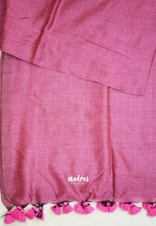 Kotravai - Plain khadi with Raw silk stripes blouse combo - Onion pink