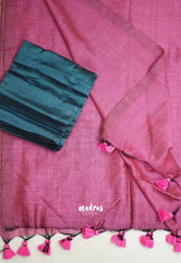 Kotravai - Plain khadi with Raw silk stripes blouse combo - Onion pink