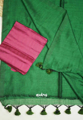 Kotravai - Plain khadi with Raw silk stripes blouse combo - Fresh green