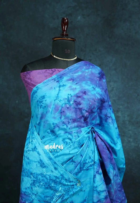 Blue with purple - Soft Tie & Dye Cotton Saree with Blouse Combo