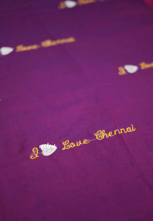 Soft Mul cotton I love chennai Embroidery saree - Dualshade Magenta purple