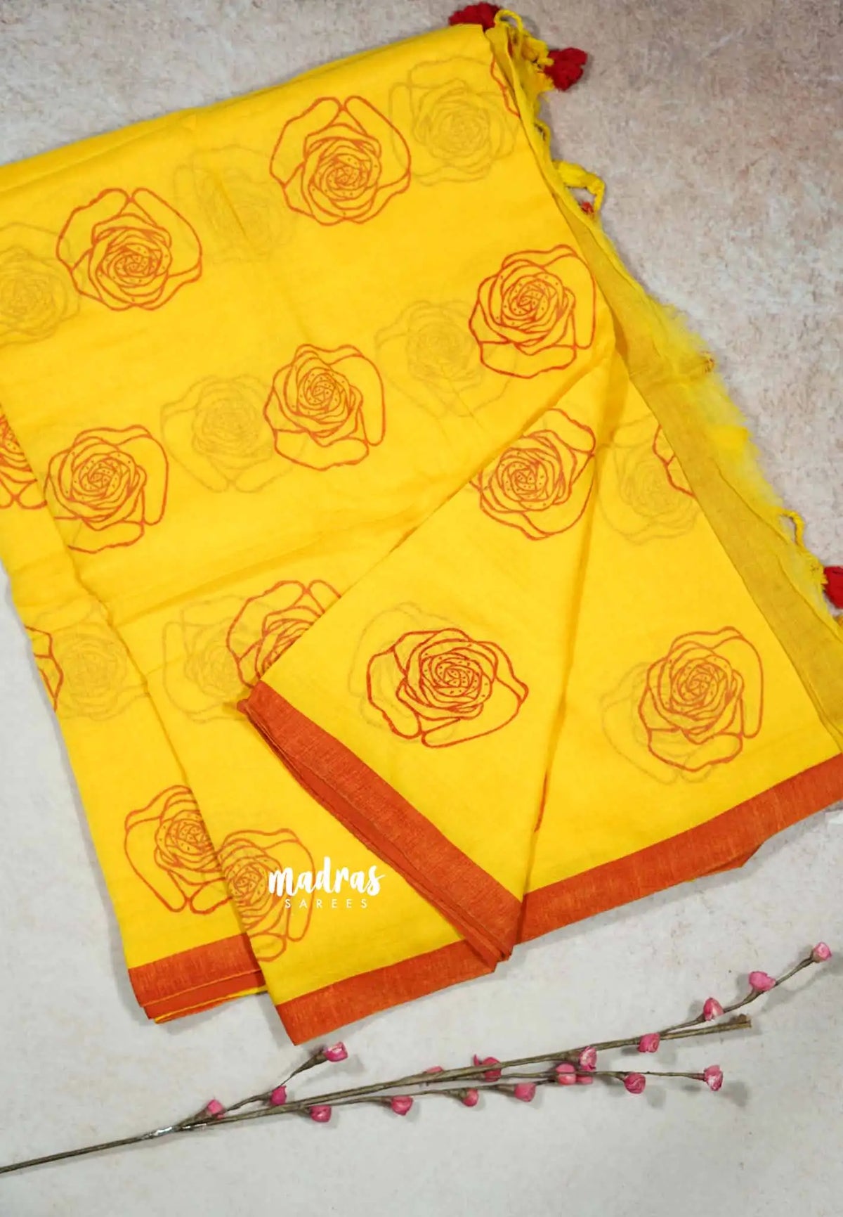 Mango Yellow - Soft Khadi Saree with Floral Printed