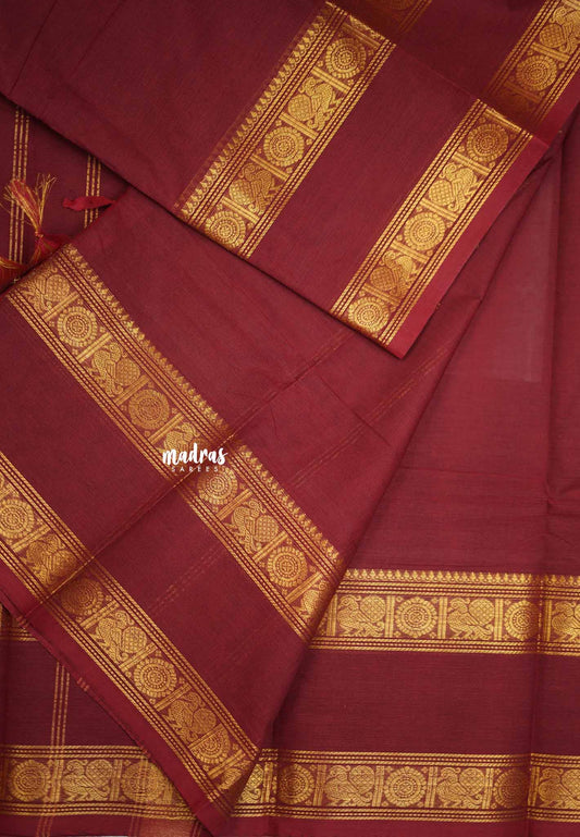 Karthigai silk cotton plain body rettapet border single color - Maroon red