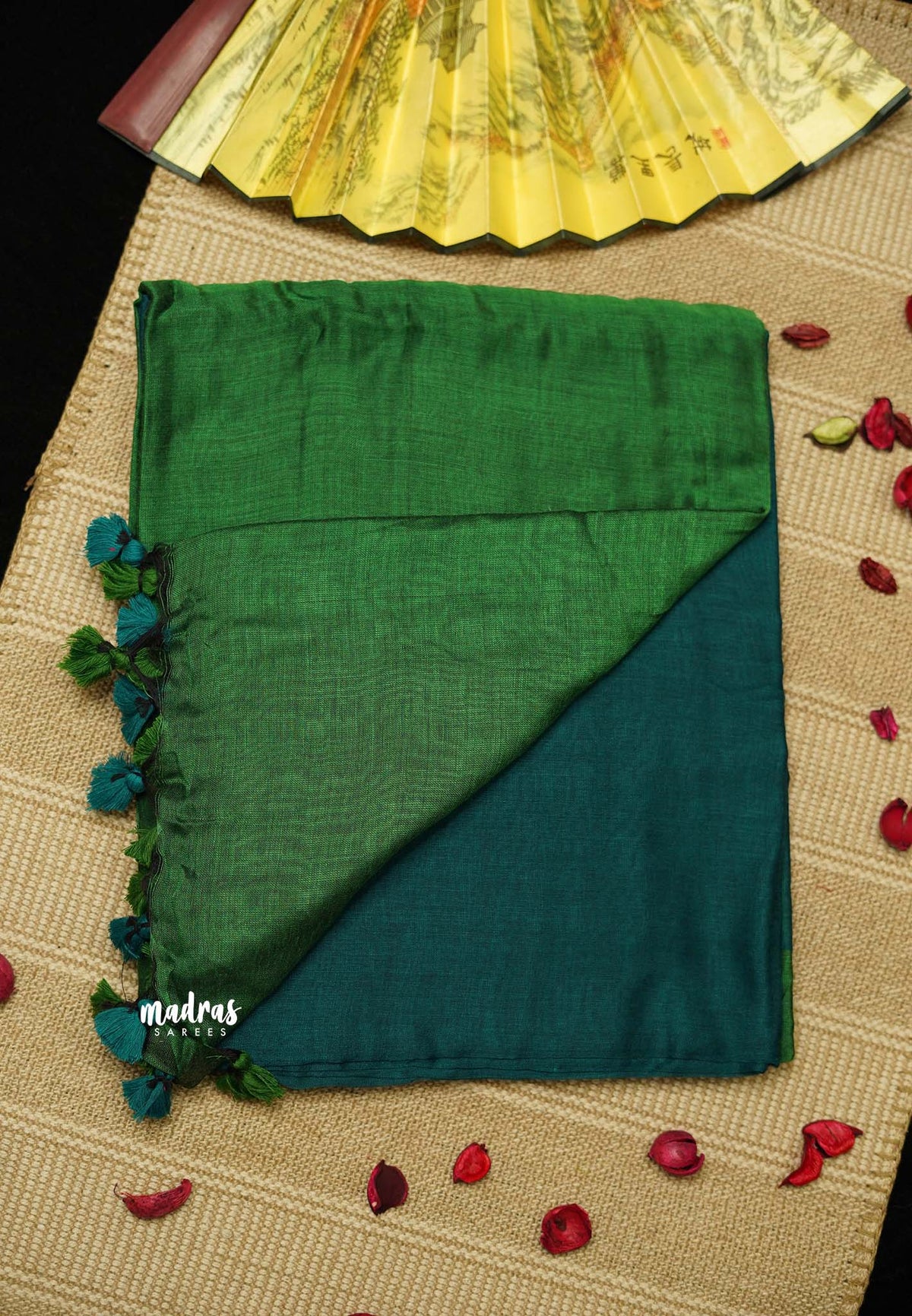 khadi contrast pallu Cyan Blue with green pallu - Shruti - Madras Sarees 