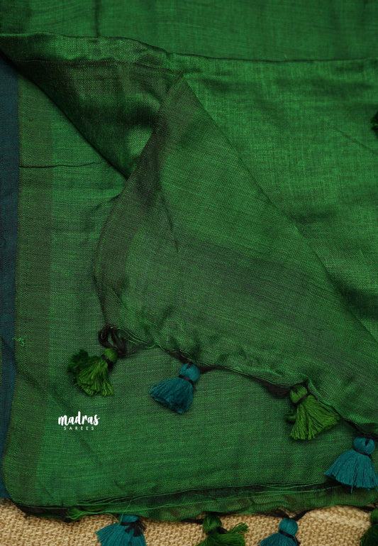 khadi contrast pallu Cyan Blue with green pallu - Shruti - Madras Sarees 
