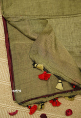 khadi contrast pallu Maroon with Khaki - Leo Trisha saree - Shruti