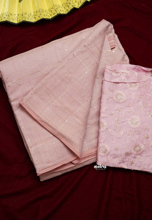 Baby pink Linen silk saree with sequence work + Blouse combo