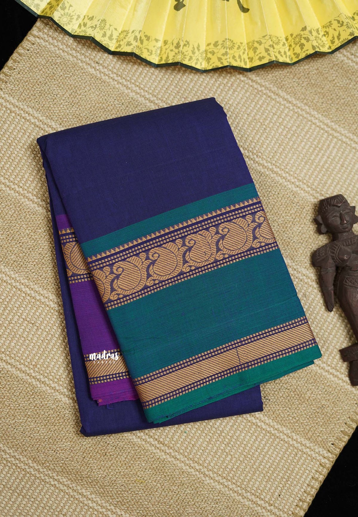 Contemporary chettinad cotton Blue Ganga Jamuna Border