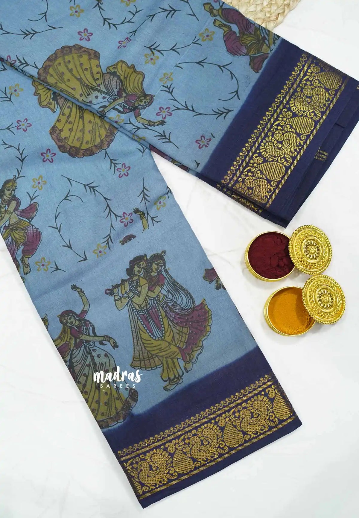 Margazhi Sungudi cotton Radhe krishna prints - Greyish blue