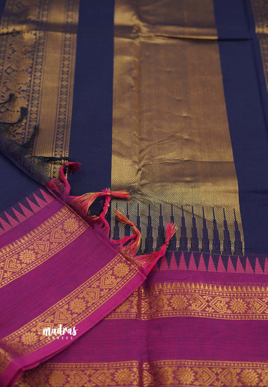 Korvai silk cotton with Rettapet border Blue