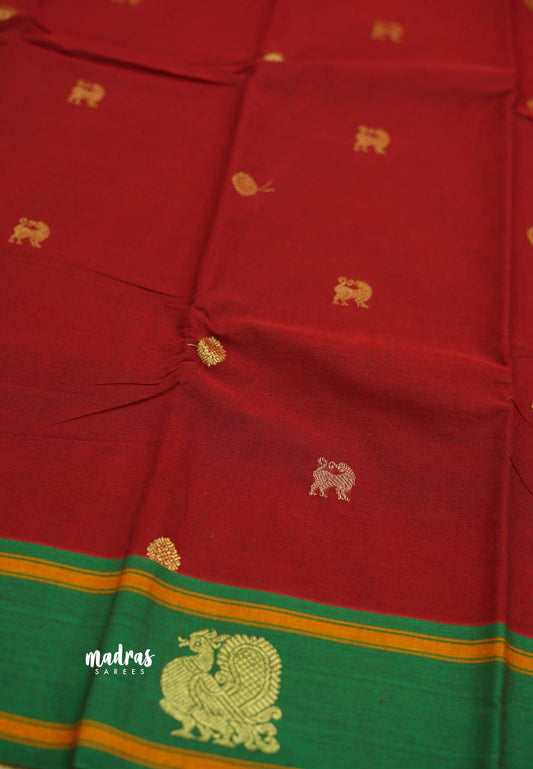 Korvai silk cotton with Annam and yazhi weaving Red