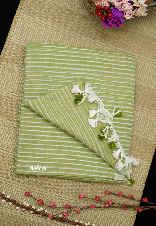 Stripes khadi linen saree Green