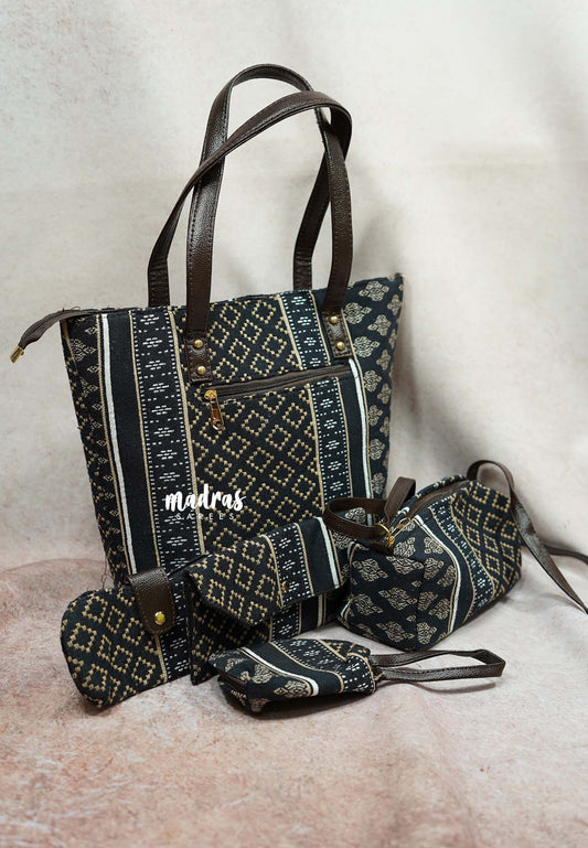 Indigo blue - Jacquard handbag / office bag set of 5 - MS7 Brand