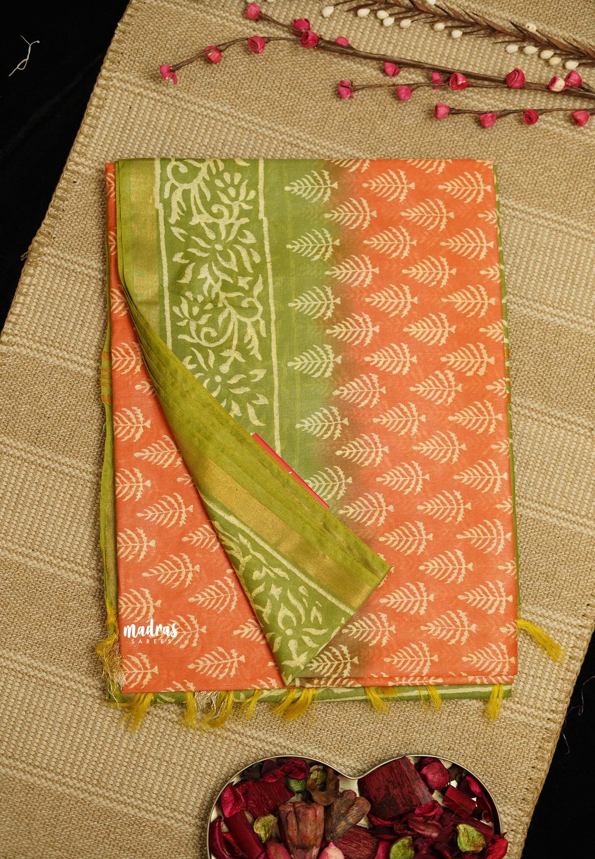 Chanderi Silk Cotton Peach with green