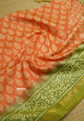 Chanderi Silk Cotton Peach with green