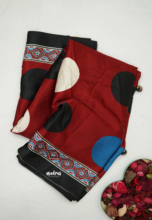 Ajrakh Modal silk saree polka dots - Maroon
