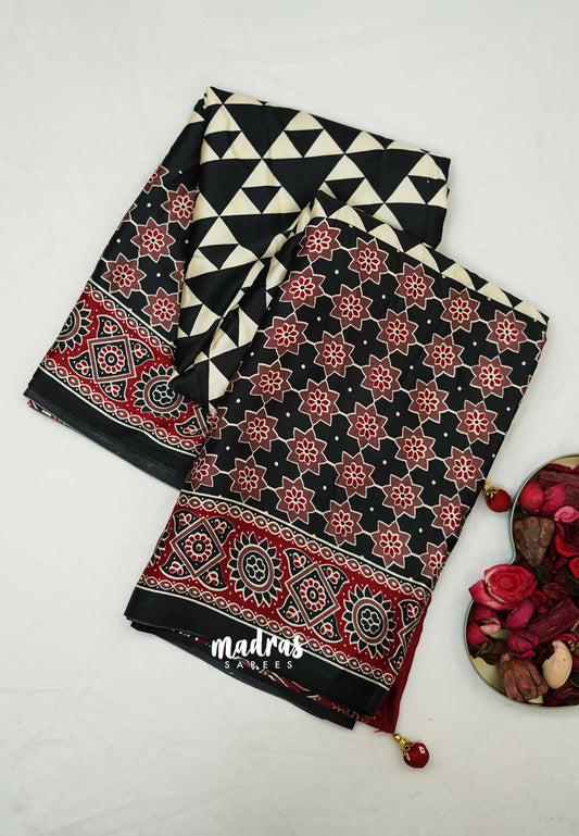 Ajrakh Modal silk sarees Big border Black