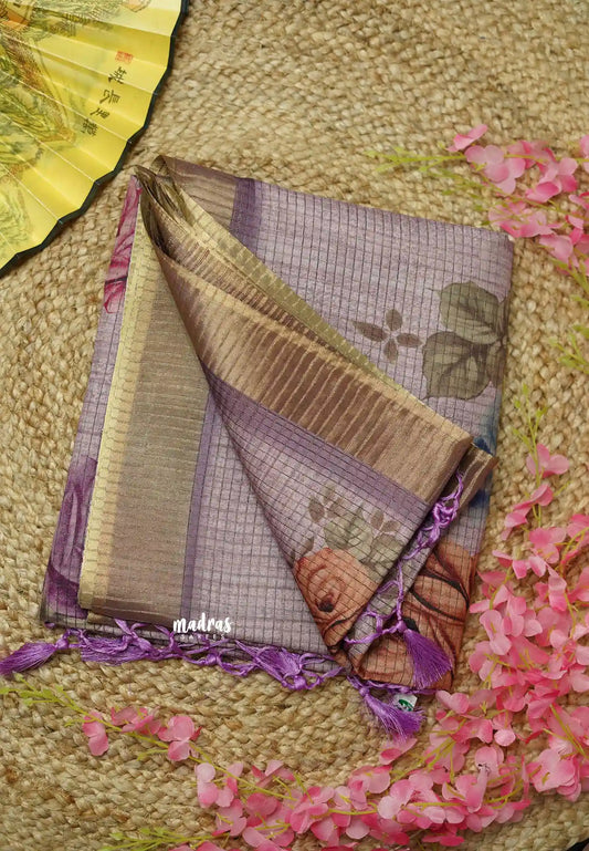 Tussar saree with Jari checks and digital floral prints English lavendar