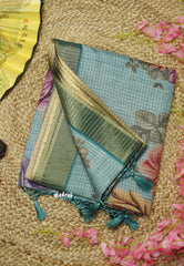 Tussar saree with Jari checks and digital floral prints Teal Blue