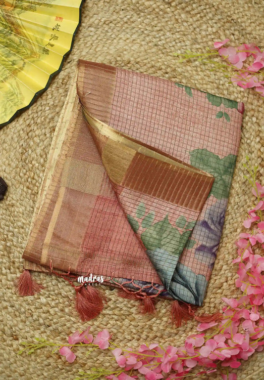 Tussar saree with Jari checks and digital floral prints Golden peach