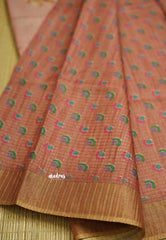 Tussar saree with Jari checks and digital floral prints Golden peach