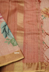 Tussar saree with Jari checks and digital floral prints Golden peach