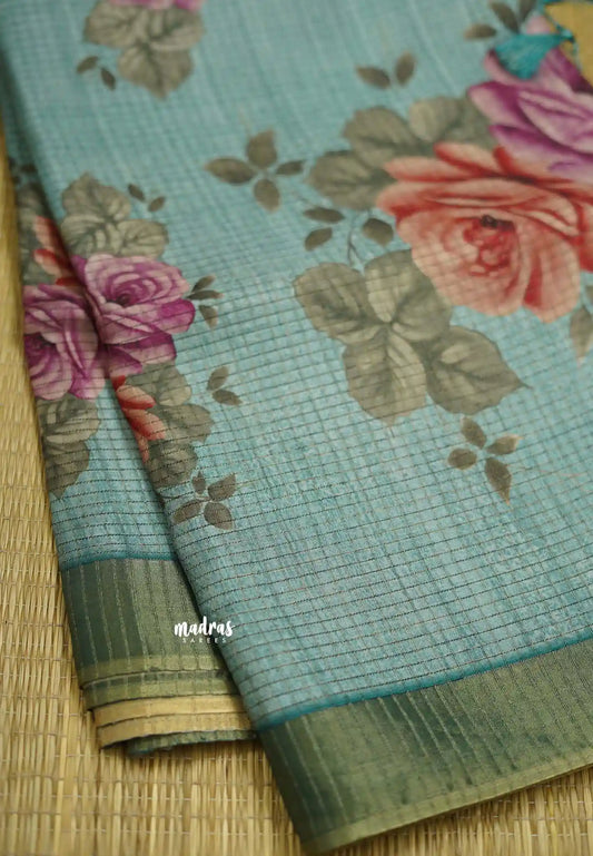 Tussar saree with Jari checks and digital floral prints Teal Blue