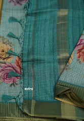 Tussar saree with Jari checks and digital floral prints Teal Blue