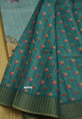 Tussar saree with Jari checks and digital floral prints Teal Blue