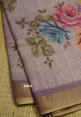 Tussar saree with Jari checks and digital floral prints English lavendar