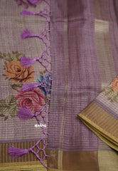 Tussar saree with Jari checks and digital floral prints English lavendar