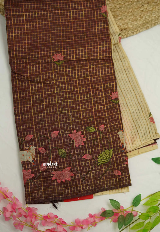 Semi Tussar saree beige and brown with Pichwai applique work + 2 blouses