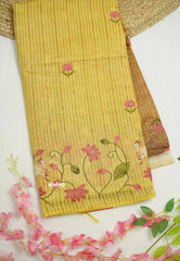 Semi Tussar saree brown and yellow with Pichwai applique work + 2 blouses