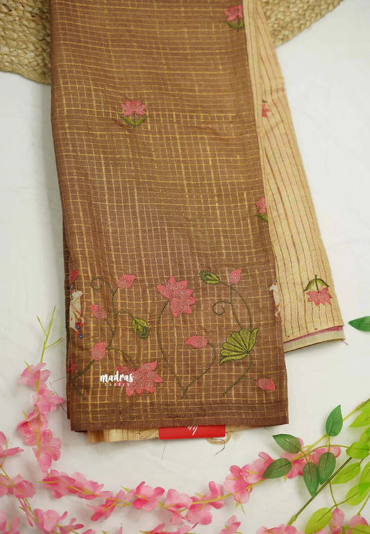 Semi Tussar saree brown and sandal with Pichwai applique work + 2 blouses