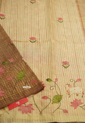 Semi Tussar saree brown and sandal with Pichwai applique work + 2 blouses