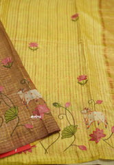 Semi Tussar saree brown and yellow with Pichwai applique work + 2 blouses