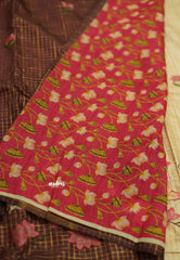 Semi Tussar saree beige and brown with Pichwai applique work + 2 blouses