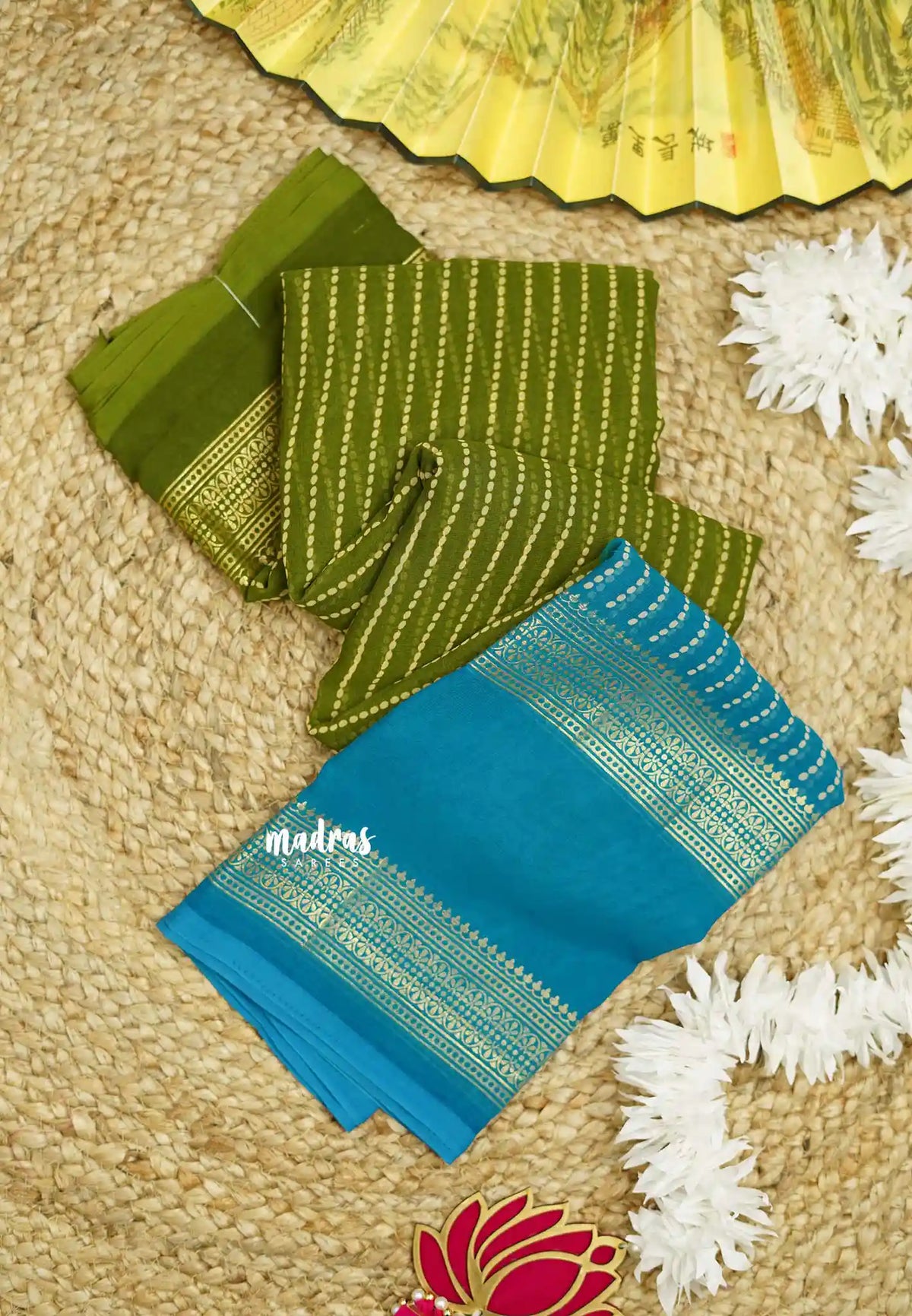 Chiffon saree with foil stripes prints sap green