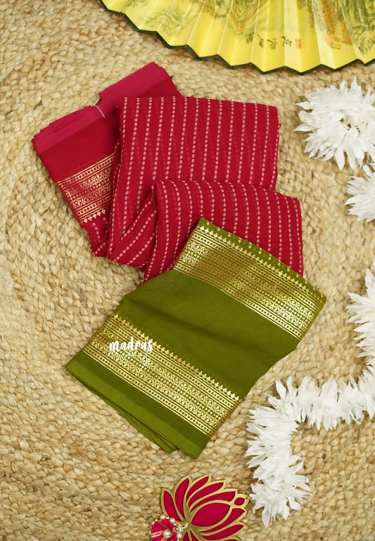 Chiffon saree with foil stripes prints Rani pink