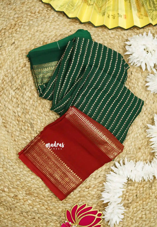 Chiffon saree with foil stripes prints deep green