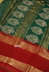 Chiffon saree with foil stripes prints deep green