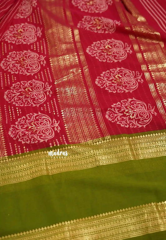 Chiffon saree with foil stripes prints Rani pink