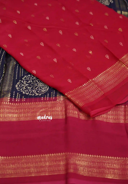 Chiffon saree with foil stripes prints Navy blue