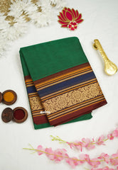 Korvai silk cotton rich thread border with small buttas Green color with blue border