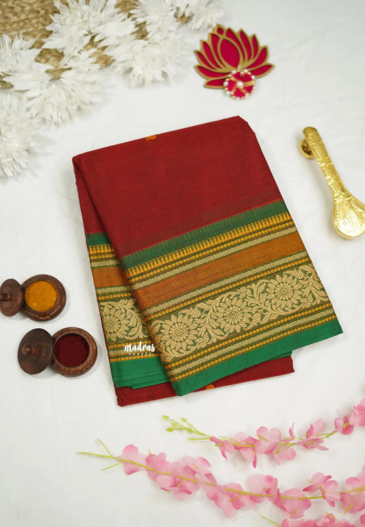 Korvai silk cotton rich thread border with small buttas maroon color