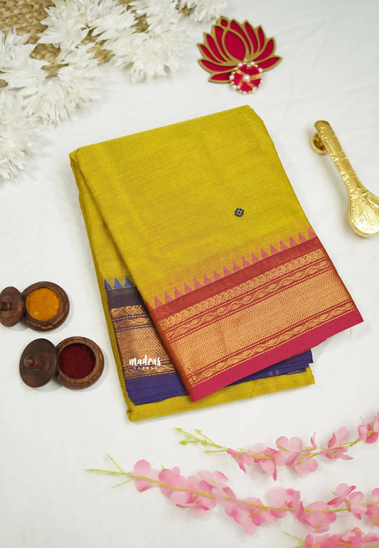 Karthigai silk cotton buttas with bavanji Ganga Jamuna border - Yellow