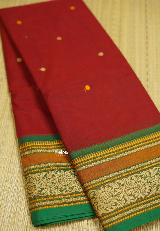 Korvai silk cotton rich thread border with small buttas maroon color