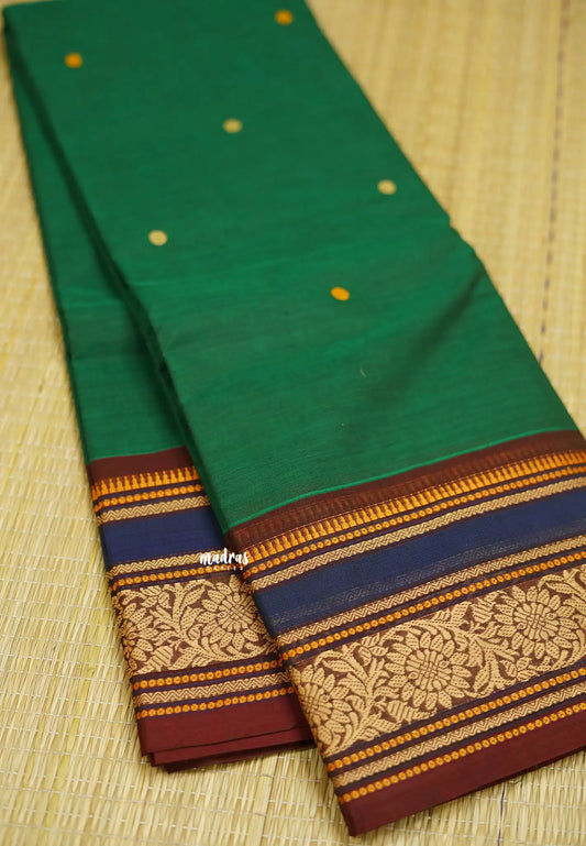 Korvai silk cotton rich thread border with small buttas Green color with blue border