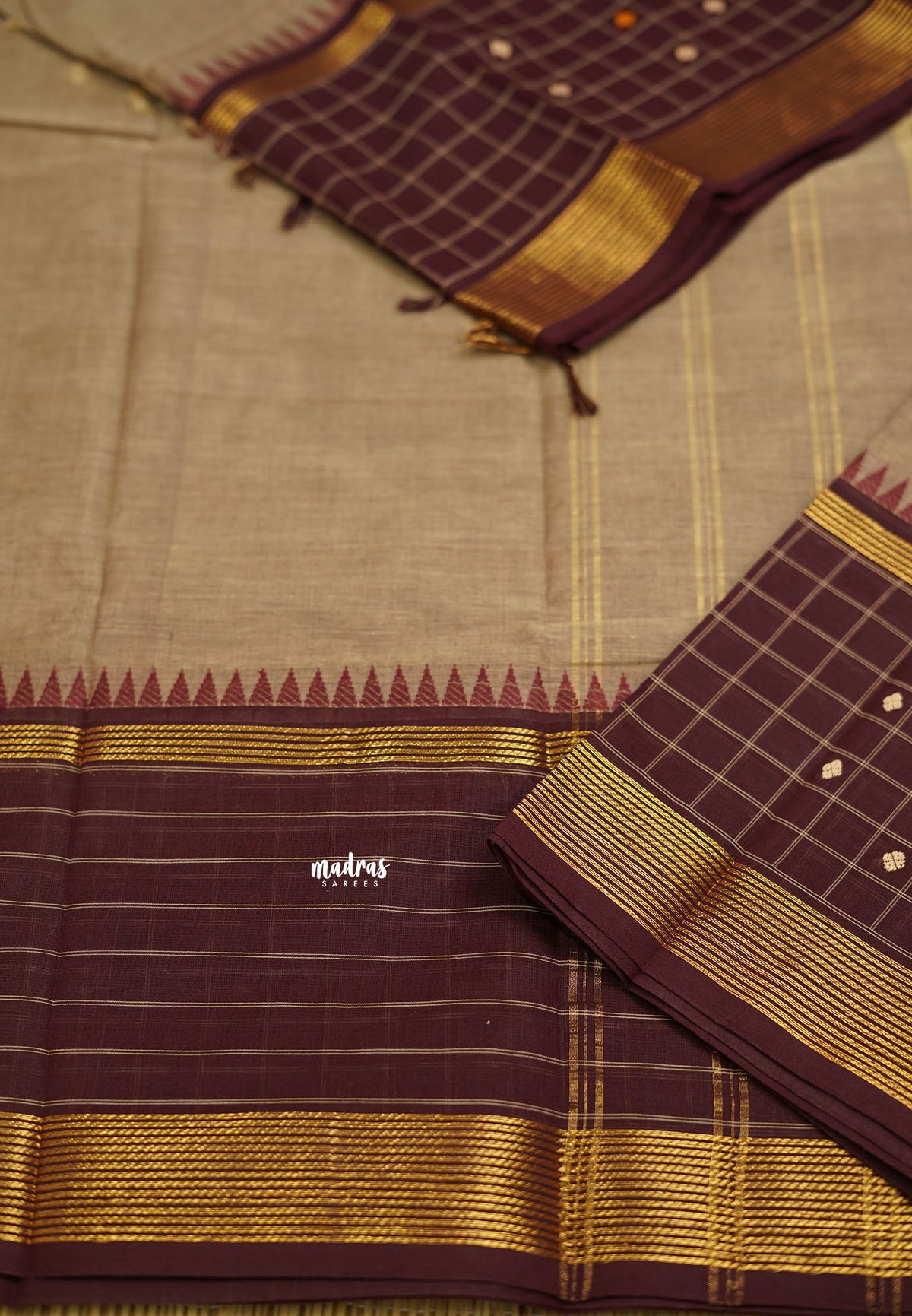 Korvai silk cotton coffee brown traditional checks border