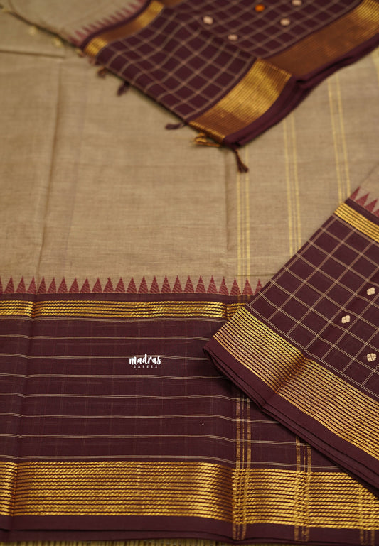 Korvai silk cotton coffee brown traditional checks border